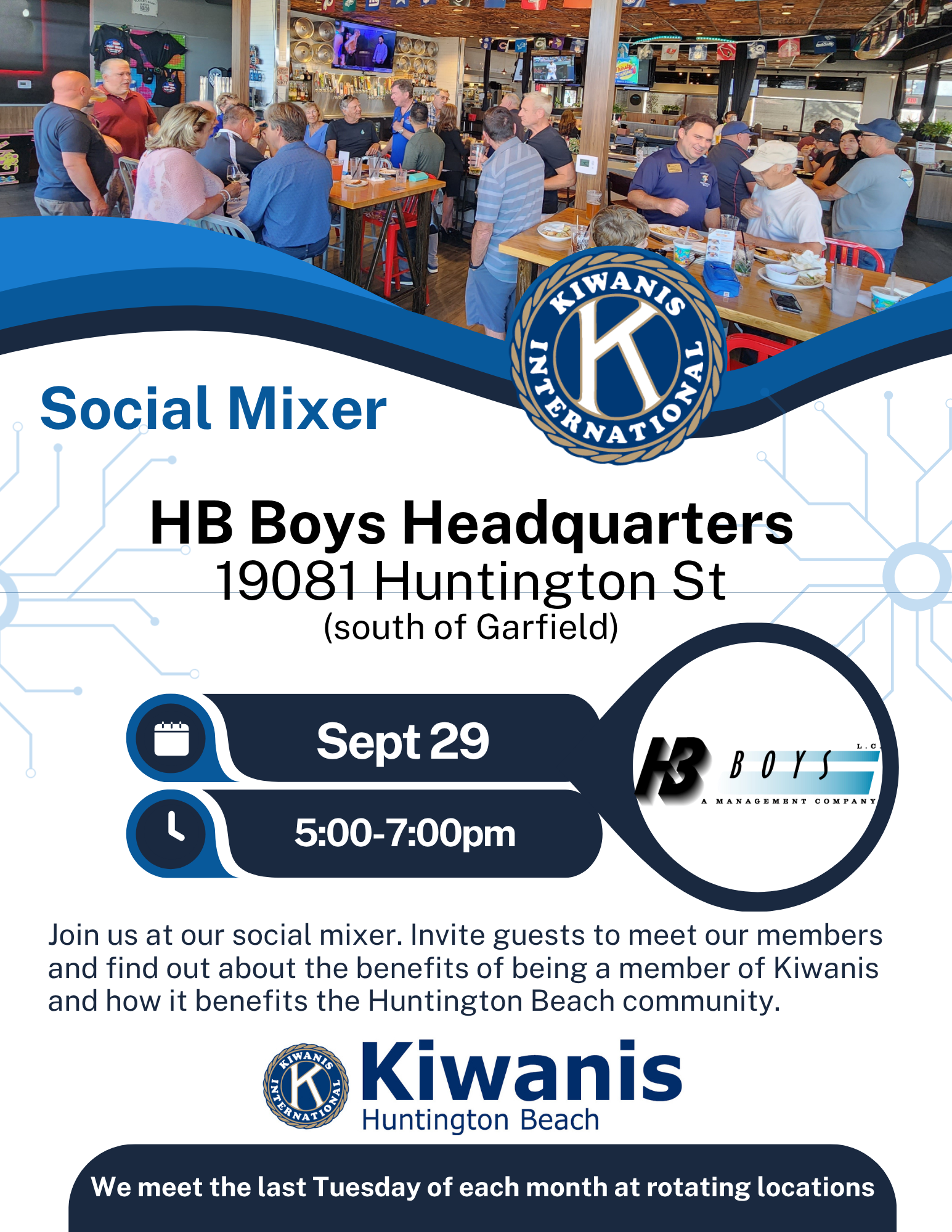 Social Mixer flyer for HB Boys Headquarters at Kiwanis Huntington Beach, Sept. 29, 5:00–7:00 pm