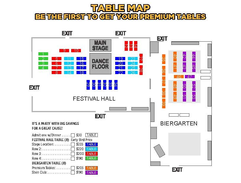 Event table map showing colored table rows for main stage, dance floor, festival hall, Biergarten, and Stein Club.