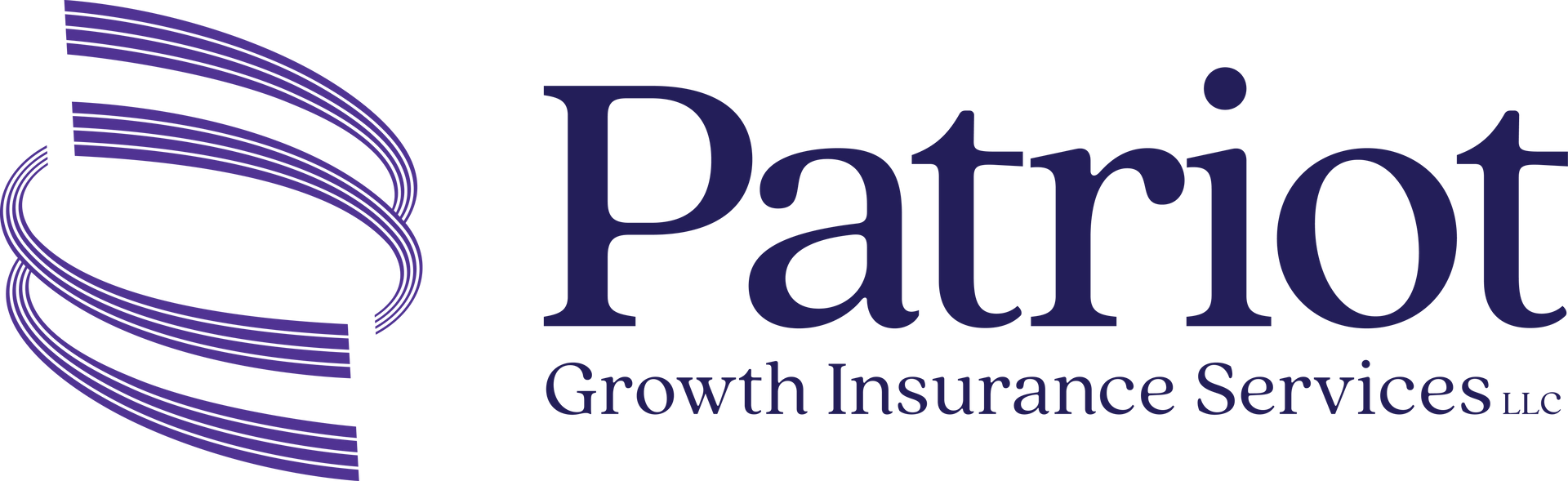Patriot Growth Insurance Services logo in purple text with a purple striped globe icon