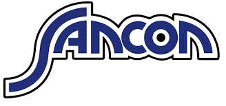 A blue and white logo for ancon on a white background.