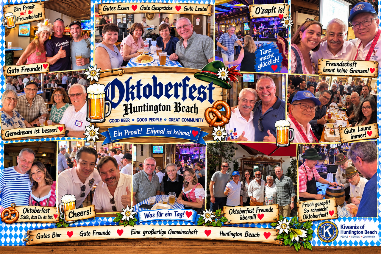 Oktoberfest opening day fundraiser for Kiwanis of Huntington Beach Oktoberfest collage with smiling people in colorful costumes, signs, beer, and festive autumn decorations