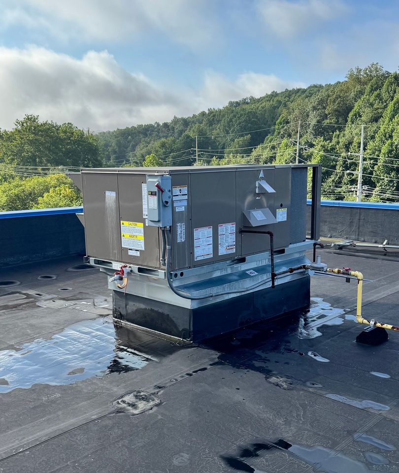 HVAC unit on a flat rooftop with puddles, surrounded by blue safety railing and trees beyond