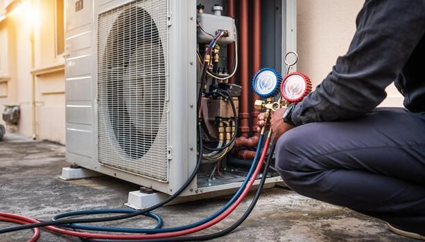 HVAC technician kneels beside outdoor AC unit, checking gauges and hoses on the concrete ground