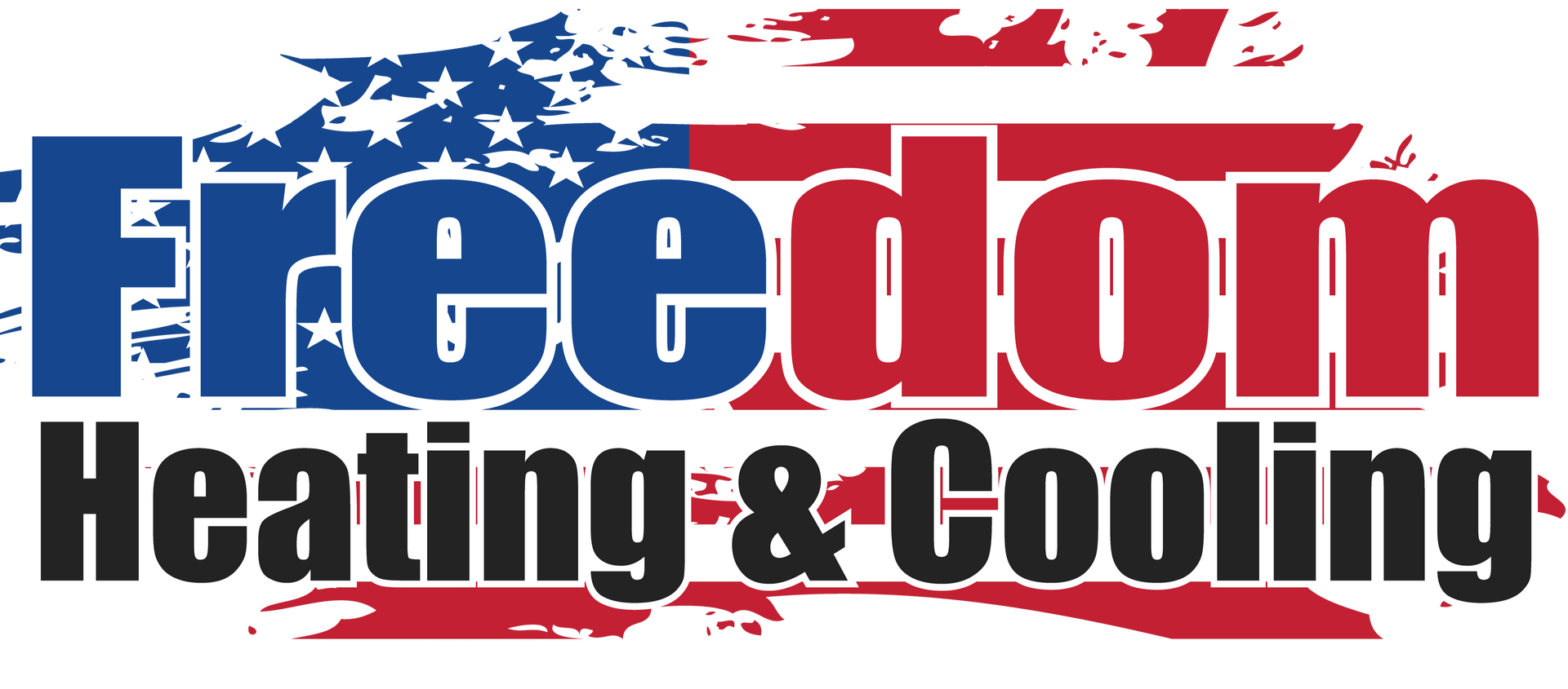 Freedom Heating & Cooling logo with red, white, and blue American flag-style background