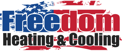 Freedom Heating & Cooling logo with red, white, and blue American flag-style background