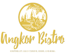 The logo for angkor bistro southeast asian cuisine , sushi and boba.