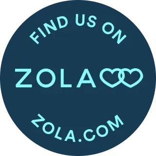 Blue circular Zola logo with “Find us on ZOLA.com” text and interlocking rings icon