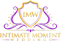 Logo for Intimate Moment Weddings, featuring a gold shield with "IMW" inside, surrounded by purple flourishes.