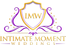 Logo for Intimate Moment Weddings, featuring a gold shield with 