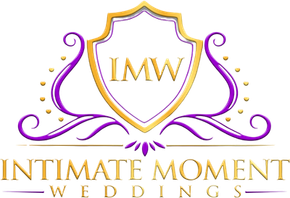 Gold and purple shield logo for Intimate Moment Weddings, featuring the initials IMW and elegant, curved flourishes.