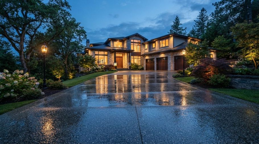 Large modern house at dusk with glowing windows, reflected in a wet driveway surrounded by trees and gardens