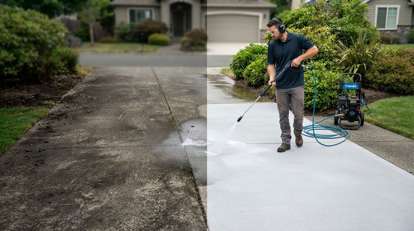 Man pressure-washing a driveway, with a clean white section beside a dirty concrete area.