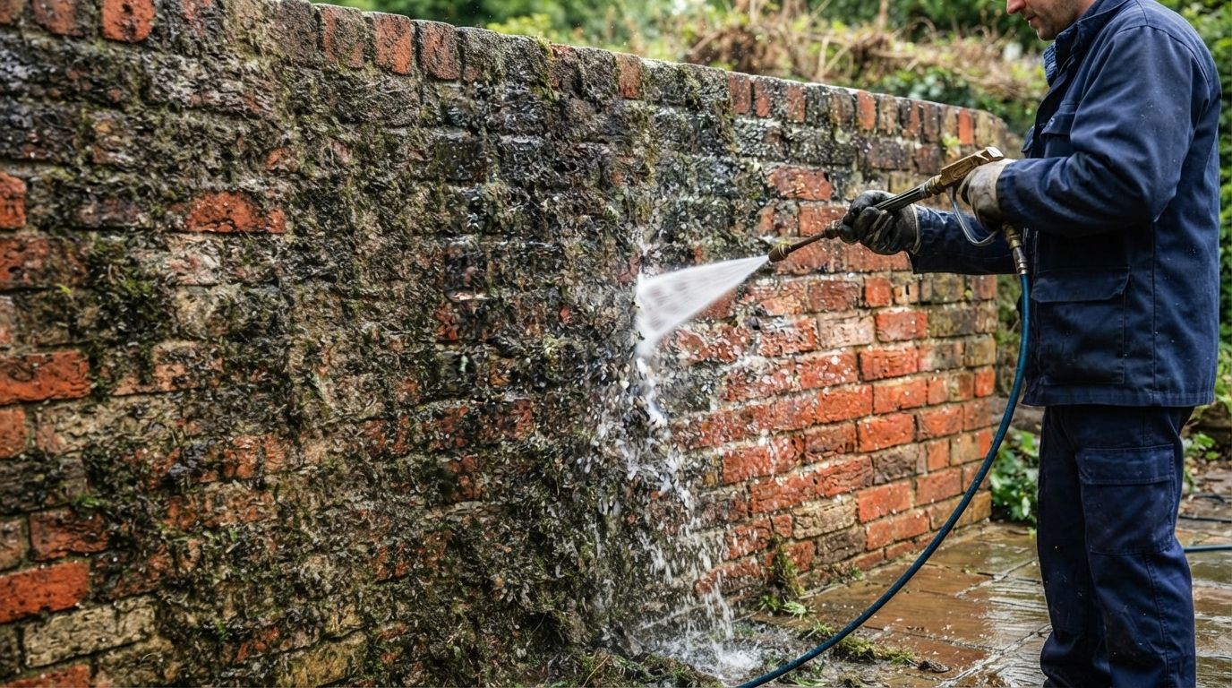 Person pressure-washing a mossy brick wall outdoors with a hose.
