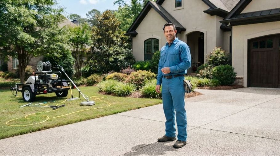 Man in blue jumpsuit standing on driveway beside a house, with lawn equipment on the grass.