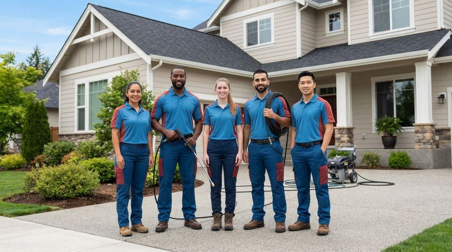 Five plumbers in blue uniforms standing in a driveway outside a suburban house