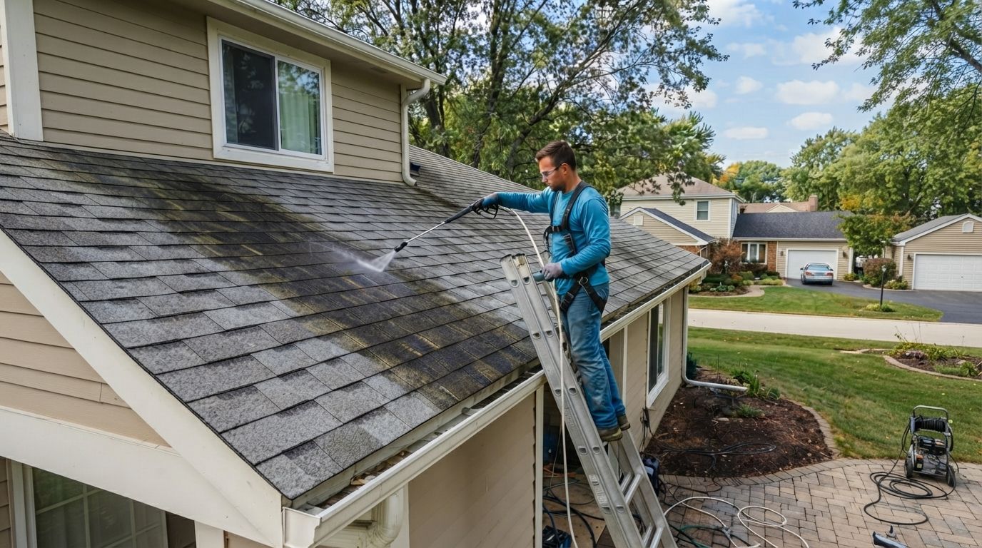 Person cleaning a gray shingled roof with a hose on a ladder beside a beige house