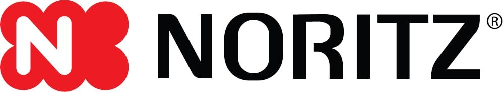 A red and black logo for noritz on a white background