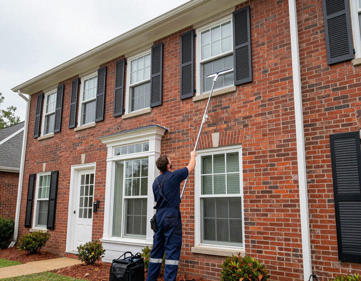 Professional window cleaning on brick home