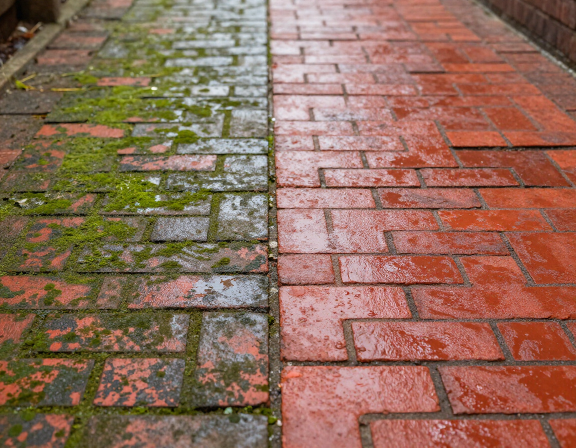 Brick walkway pressure wash before and after Piedmont Triad
