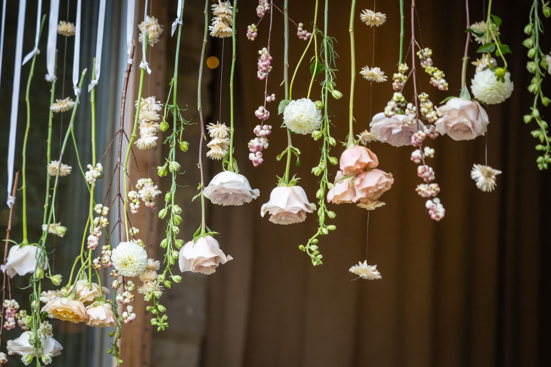Hanging florals at Tythe Barn Launton by Papaver Studio