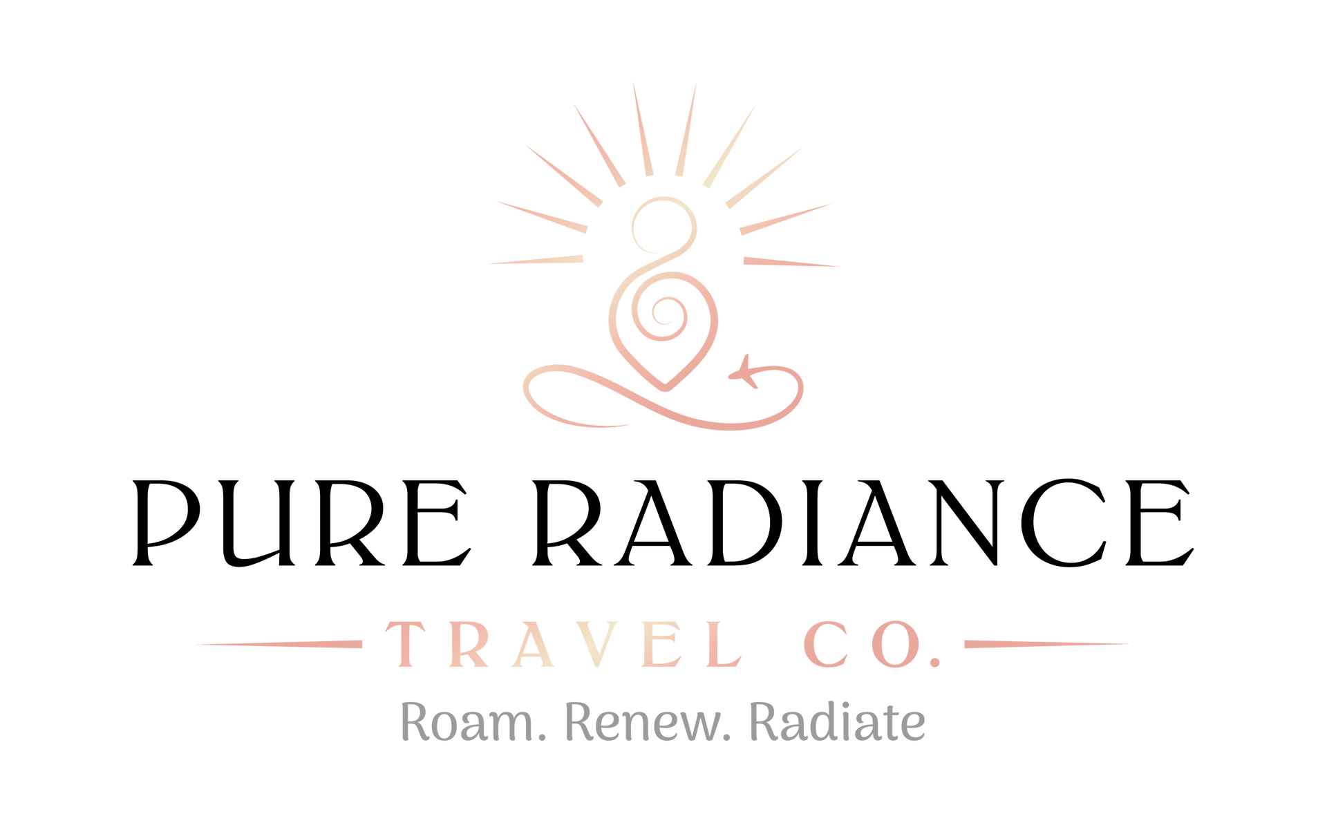 Pure Radiance Travel Co. logo with gold sunburst and heart line art, plus the tagline “Roam. Renew. Radiate.”