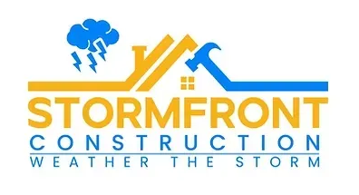 StormFront Construction logo with blue and orange tools, cloud, and “Weather the Storm” tagline