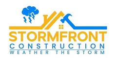 StormFront Construction logo with blue and orange tools, cloud, and “Weather the Storm” tagline