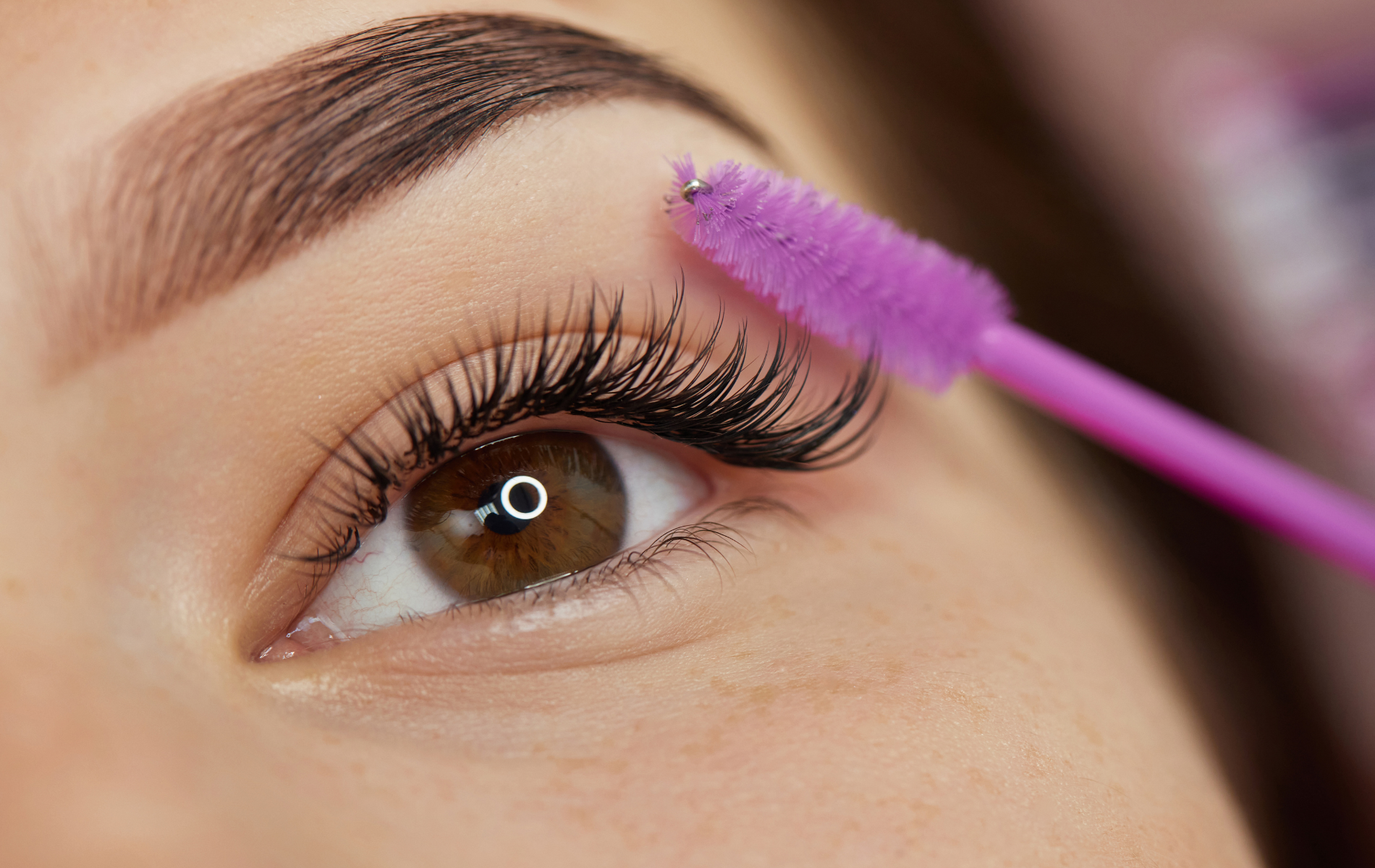Close-up of an eye being brushed with purple mascara on the eyelashes and brow area