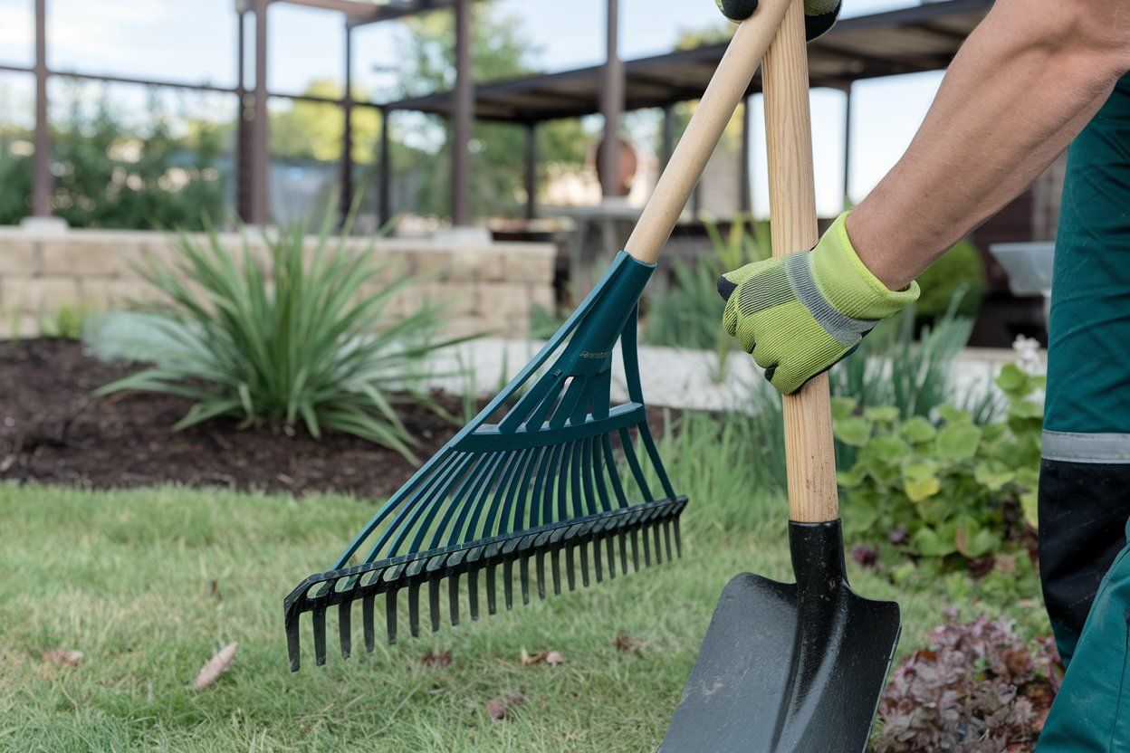 A person is holding a rake and a shovel in their hands.