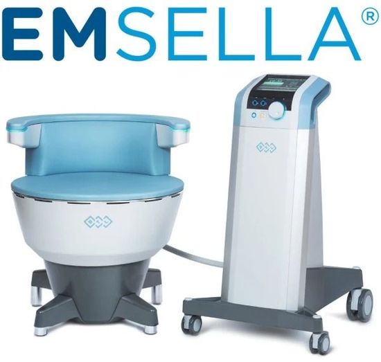 EMSELLA pelvic floor treatment chair and control unit on casters, white and blue medical equipment