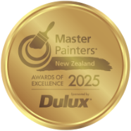 Gold badge: Master Painters New Zealand Awards of Excellence 2025, sponsored by Dulux. Features a paintbrush and paint swirl logo.