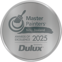 Master Painters New Zealand Awards of Excellence 2025 badge, featuring a paintbrush and Dulux logo.