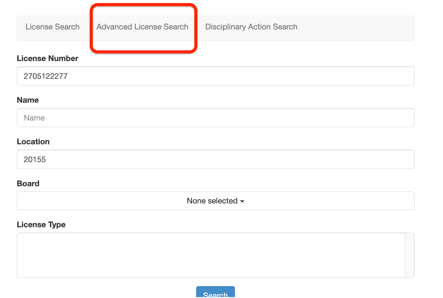 Kraus Remodeling license results in the DPOR license advanced lookup tool