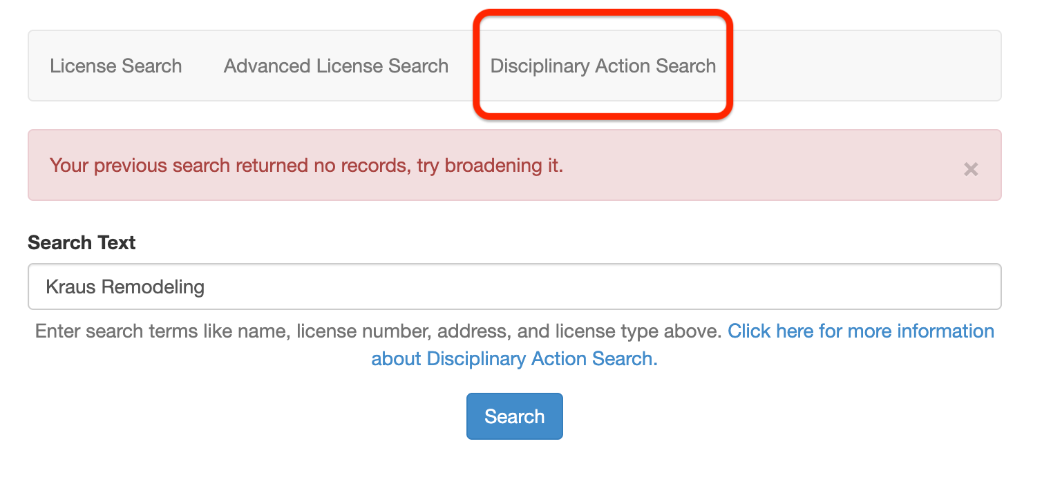 Kraus Remodeling license results in the DPOR license complaint lookup tool