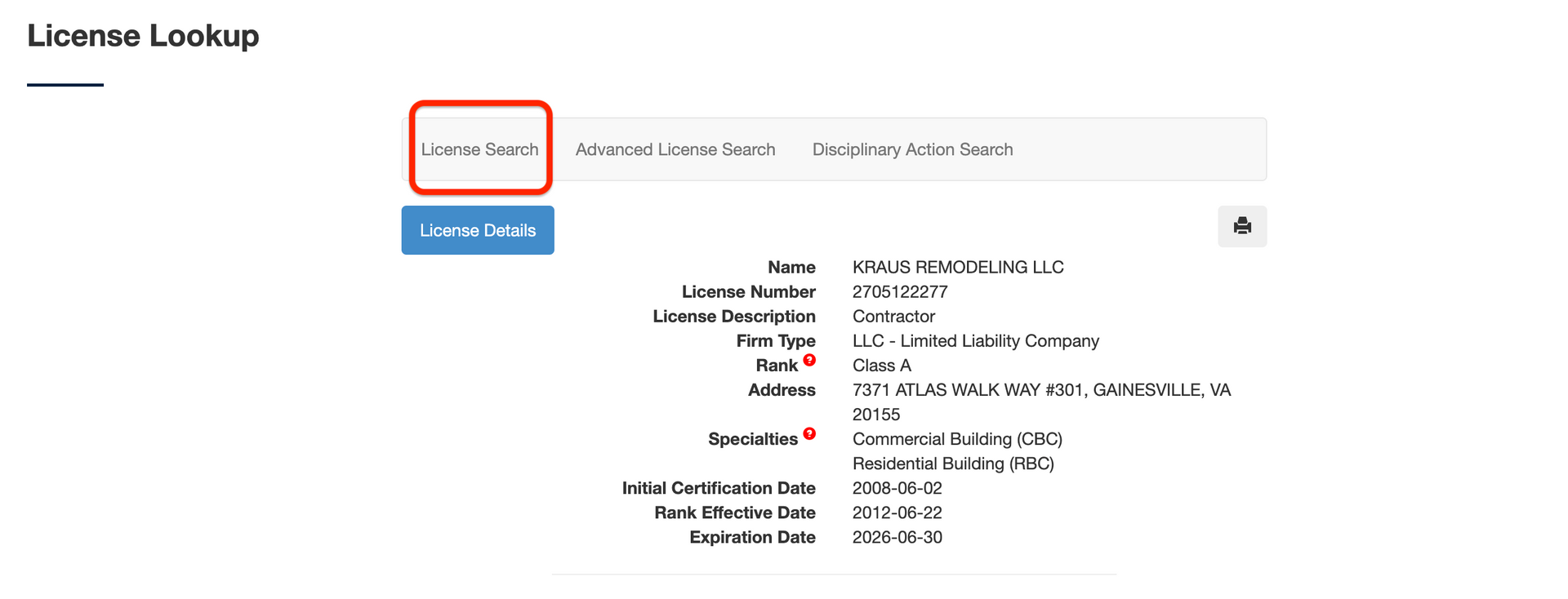 Kraus Remodeling license results in the DPOR license lookup tool