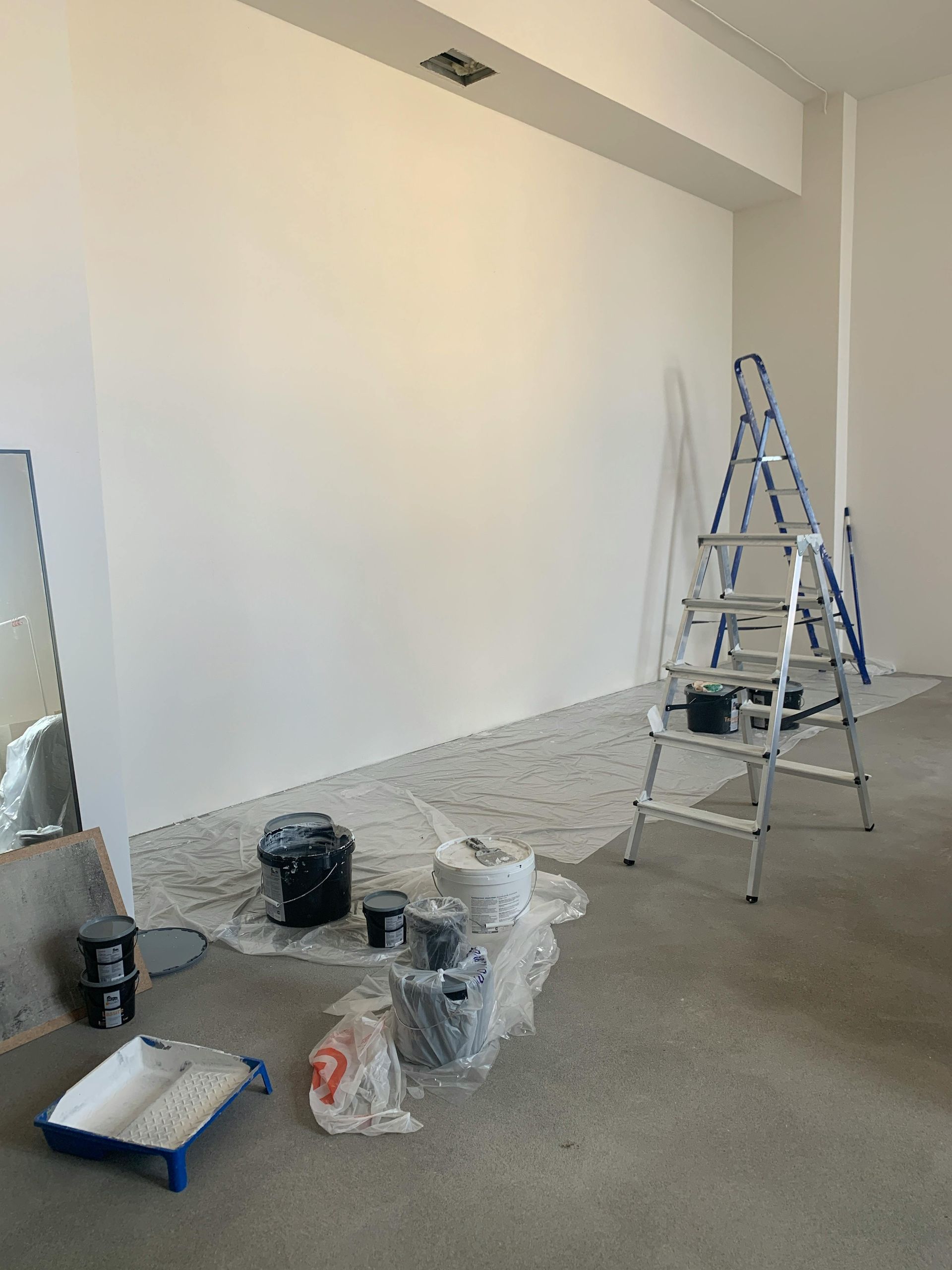 A Ladder in a Room surrounding with paint products— Greg Cannon Painting In Cessnock, NSW