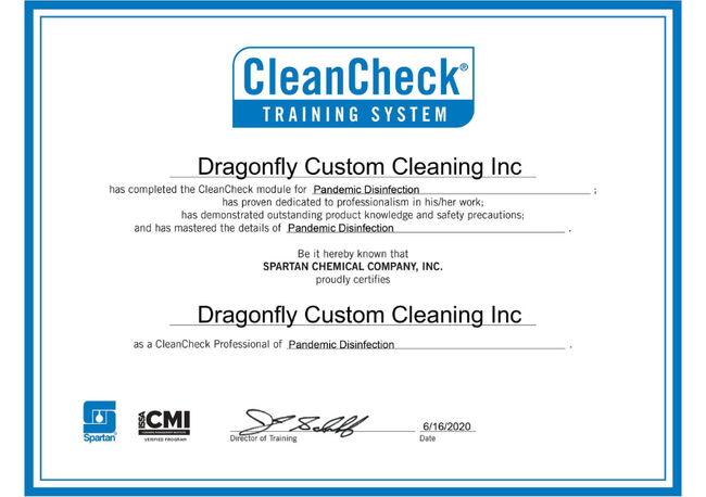 A clean check training system certificate for dragonfly custom cleaning inc