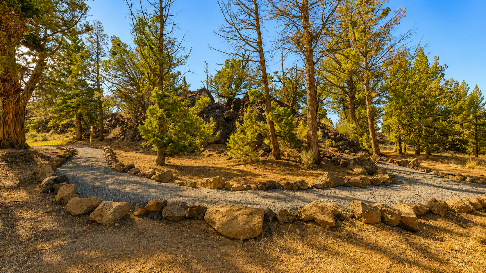 Yurt exterior among juniper trees at Roadhouse Ranch & Camp, where guests can explore private lava canyon trails.