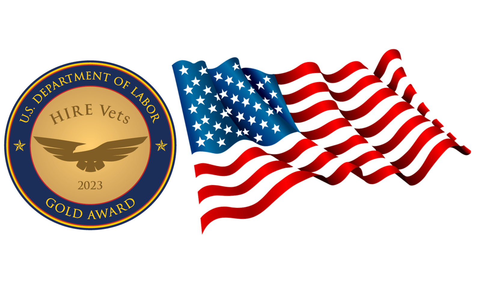 A picture of an american flag next to a gold award