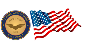 A picture of an american flag next to a gold award