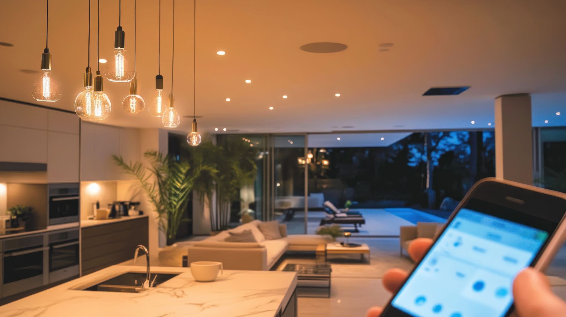 Person holding phone, controlling lights in a modern kitchen with view of an outdoor patio.