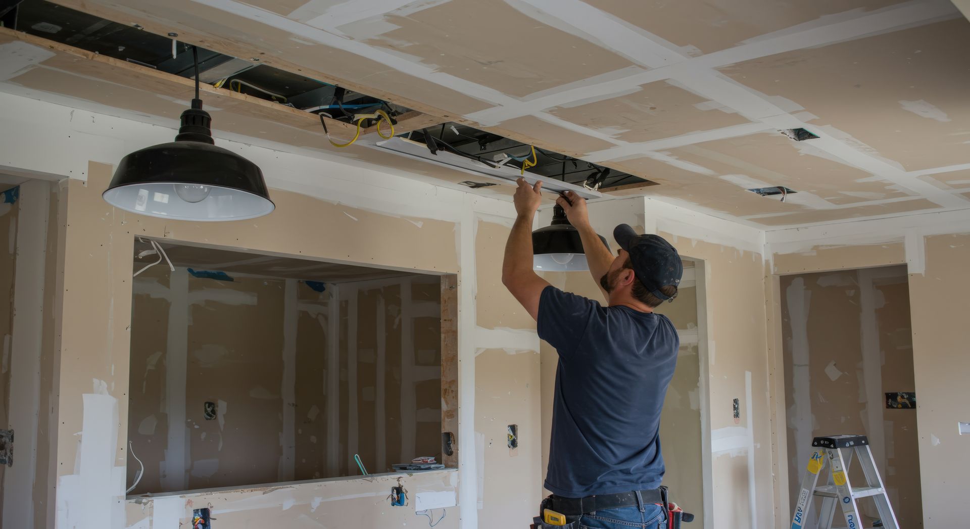 Man installing lighting in a partially finished room with drywall.