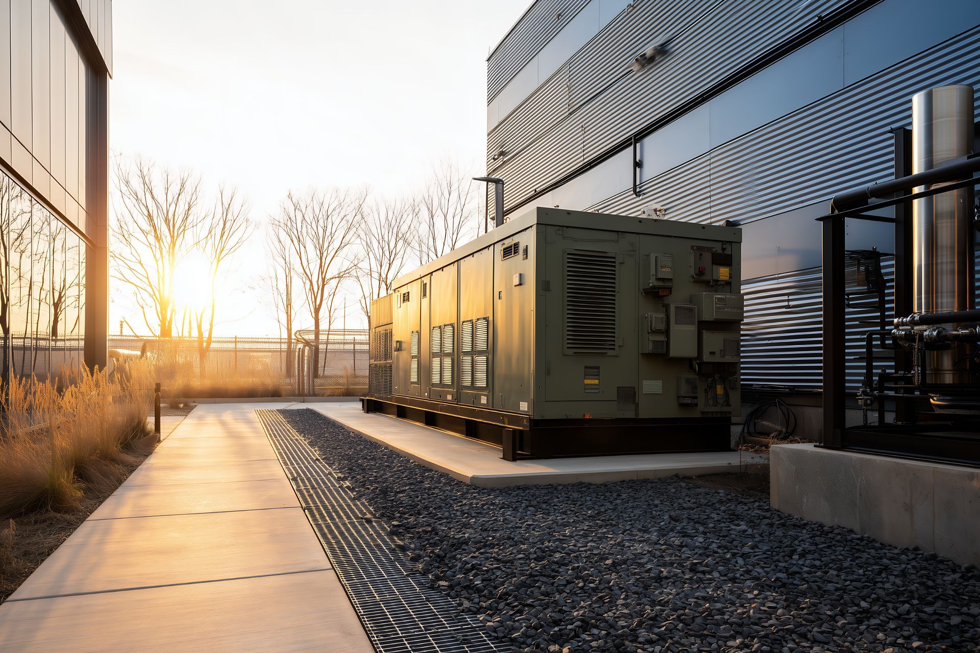 Outdoor industrial generator beside a modern building at dusk, gravel bed, and golden sunlight.