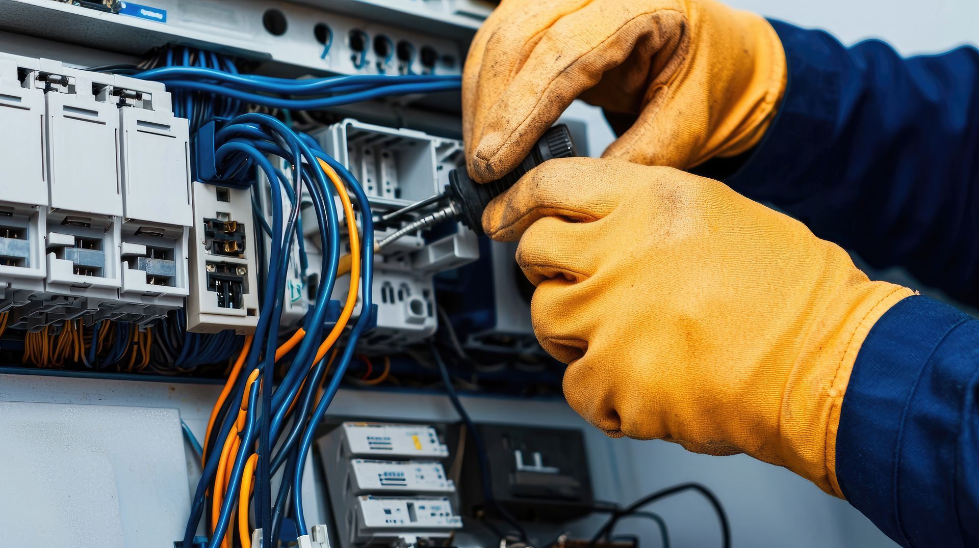 Person with yellow gloves working on electrical wiring in a panel.