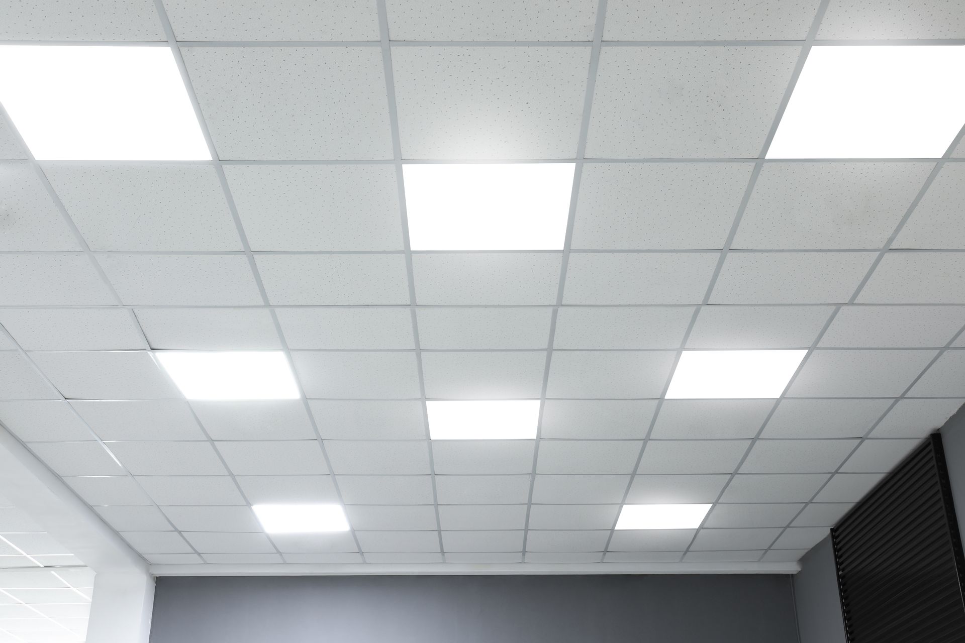 White ceiling with grid of tiles, illuminated by recessed, bright rectangular lights.