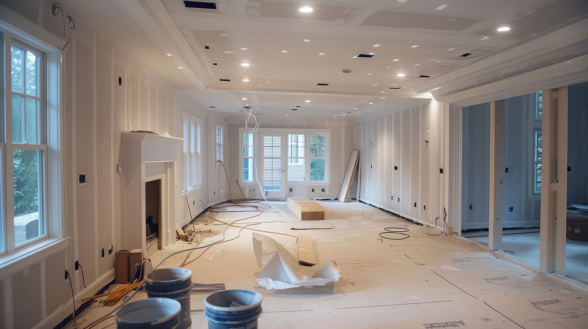 Interior of a room under construction, with white walls, exposed wiring, and construction materials on the floor.