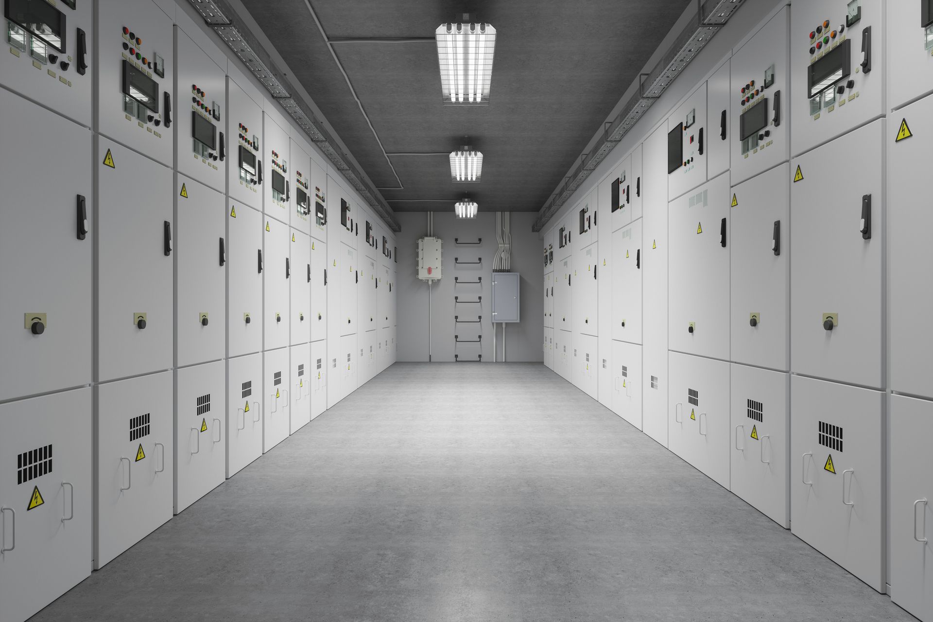 Long hallway with rows of electrical panels, overhead lights. Gray concrete floor and walls.