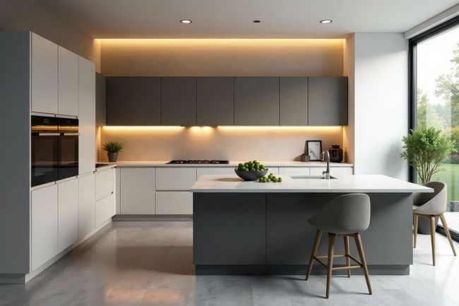 Modern kitchen with white and gray cabinets, island, and large window.