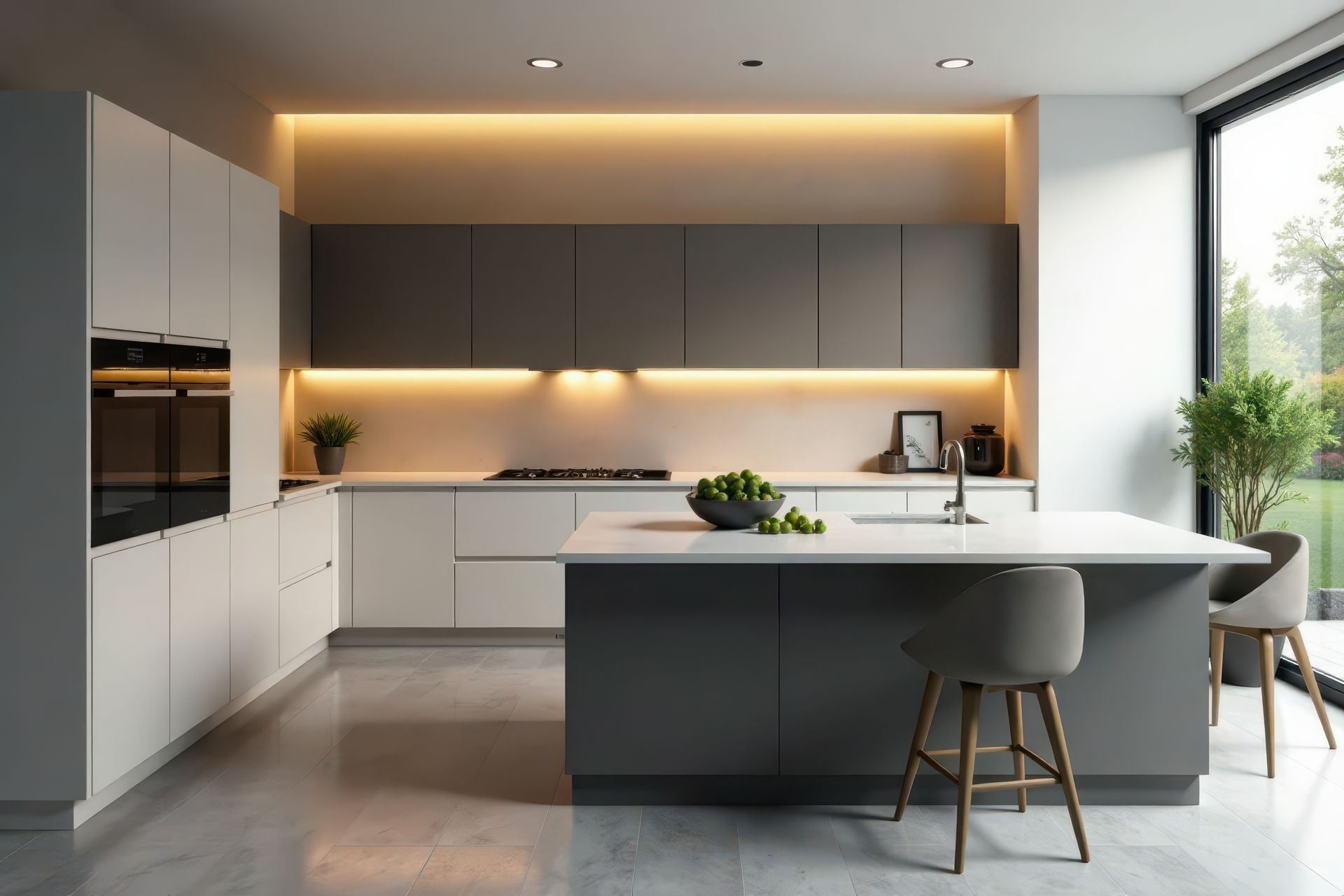 Modern kitchen with white and gray cabinets, island, and large window overlooking a yard.