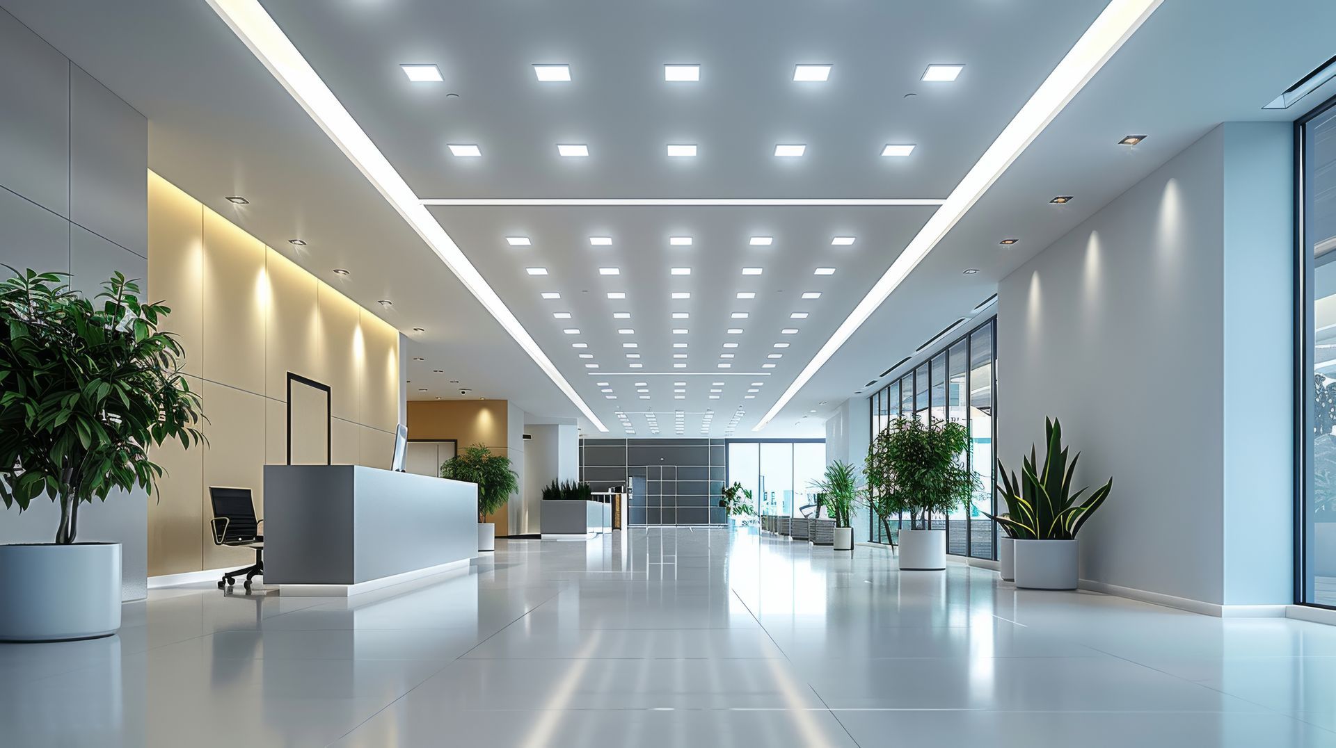 Bright, modern office lobby with a reception desk, plants, and large windows. White walls and ceiling with square lights.